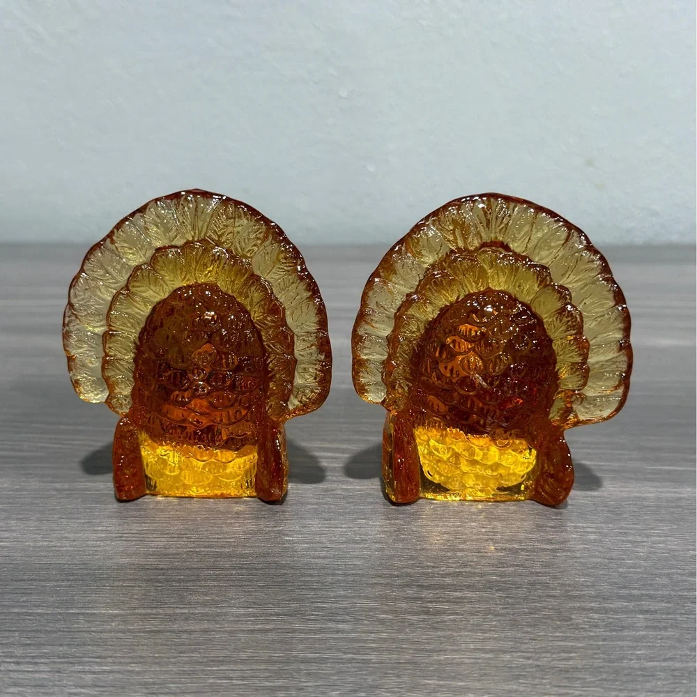 Crystal Clear 3in Amber Glass Turkey Candle Holders Set of 2 Thanksgiving Decor
